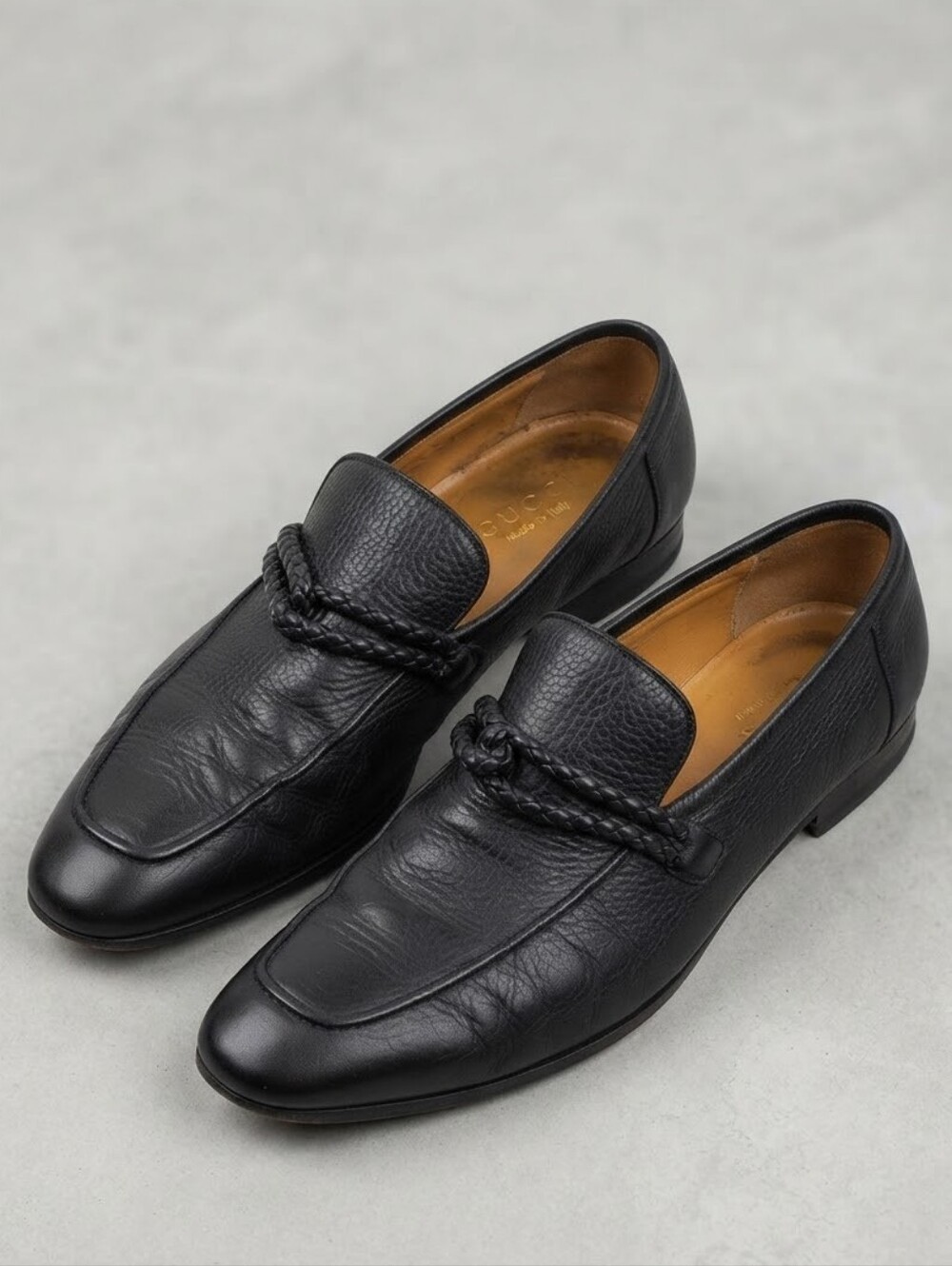 Gucci Men Black Leather Braided Detail Slip On Dress Shoes Size 10.5